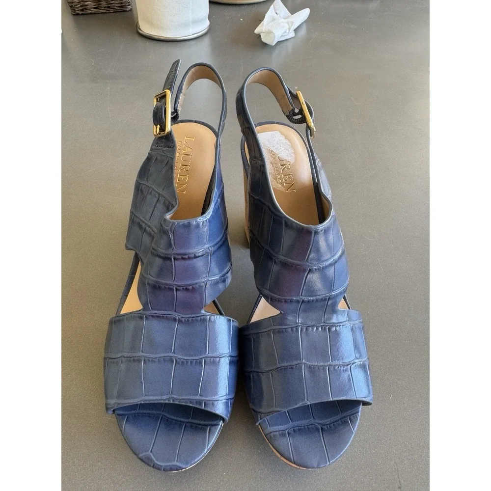 Lauren Ralph Lauren Feona blue Embossed Platform Sandals Buff Size 6